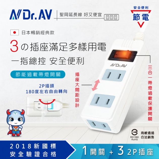 Dr.AV聖岡科技】NS-213 旗艦級1切3插2P延長線