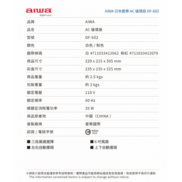 AIWA 愛華 DF-602 AC循環扇