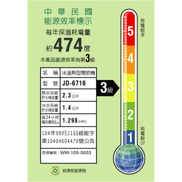 晶工牌 JD-6716 光控冰溫熱開飲機/飲水機