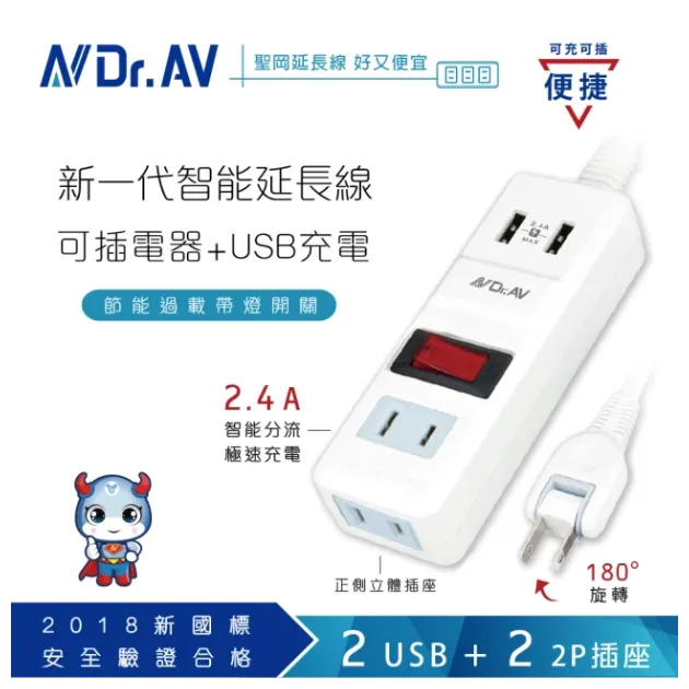 Dr.AV 聖岡科技 NS-222U 多功能2USB家用延長線