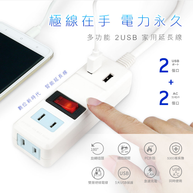 Dr.AV 聖岡科技 NS-222U 多功能2USB家用延長線